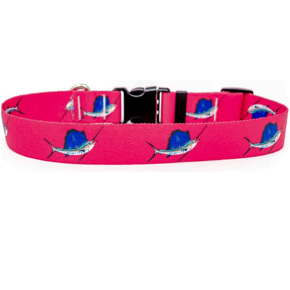 Size Large Pink Sailfish Marlin Fishing Dog Collar by Yellow Dog